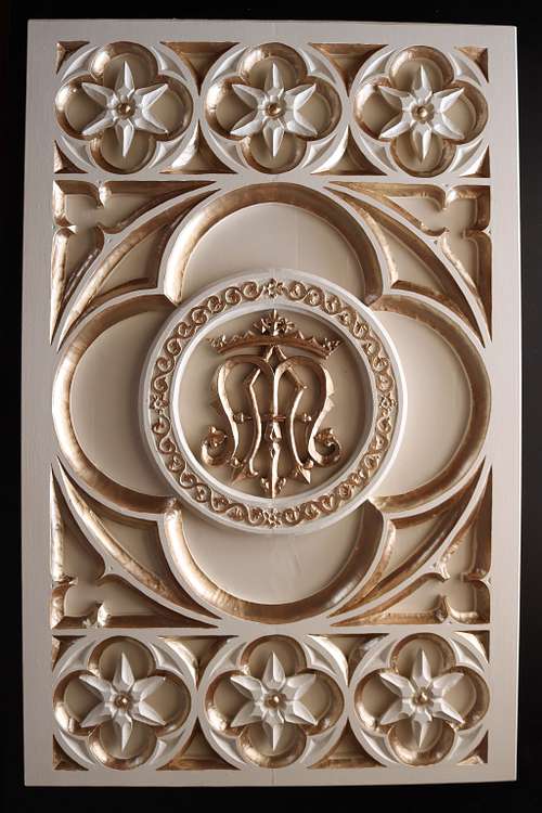 wood carved panel for a gothic revival votive shrine carved and painted by hand for a statue of the Blessed Virgin Mary for a Catholic Church
