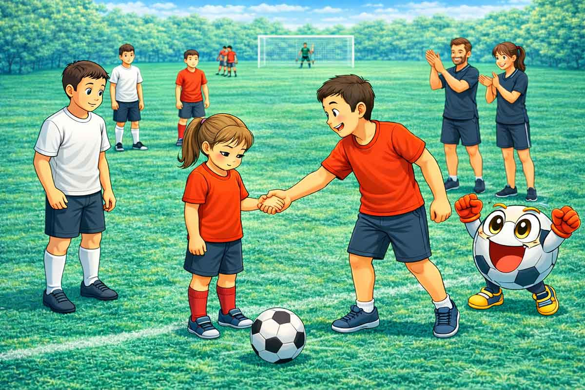 Ein unsicheres Kind steht zögerlich auf dem Spielfeld, während ein Tandemspieler es an die Hand nimmt und aktiv ins Spiel einbindet. Im Hintergrund begleiten Trainer und andere Kinder die Situation.