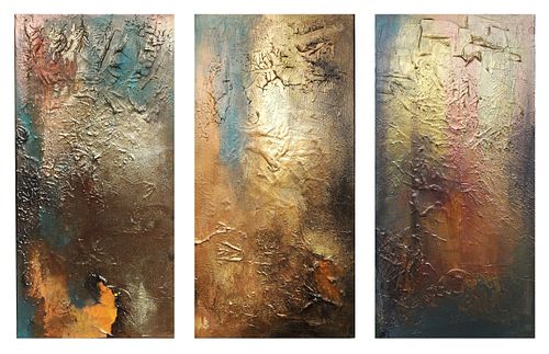 Modern 3-panel abstract triptych by Shan Re, textured antique gold and teal wall art for luxury living room interiors and hotel lobbies