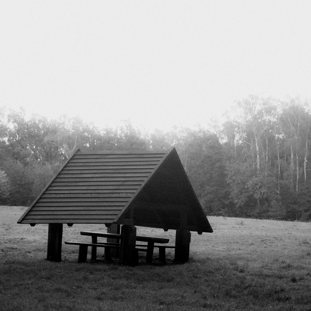 Czarno-biała fotografia wiaty piknikowej z drewnianymi ławkami i stołem, znajdującej się na polanie w Puszczy Kampinoskiej. Zdjęcie wykonane przez Michała Sumkę.