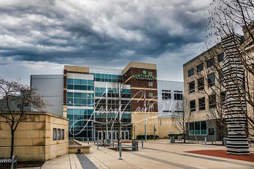 Exterior view of the Huntington Center arena in downtown Toledo, Ohio, showing the memorial to Art Tatum.