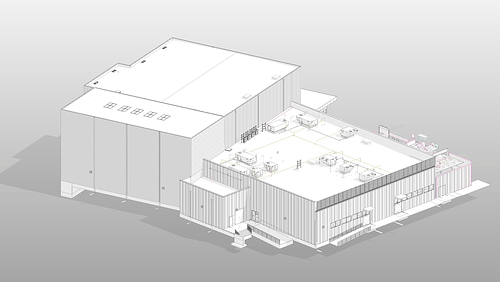 3D Revit model of a commercial theater building showcasing rooftop MEP equipment and architectural detailing