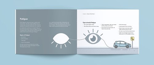 Double-page spread of the booklet addressing fatigue, showing an illustration that moves from a closed eye on a dark background to an open eye on a light background, ending with a fleet vehicle parked beside a rest area sign.