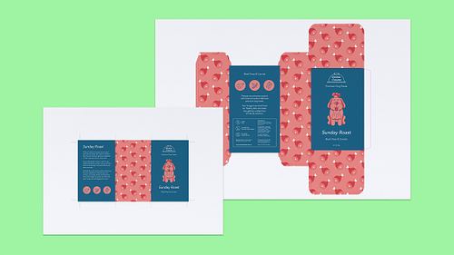 Print-ready packaging net for the Sunday Roast flavour on an A3 layout with trim marks, shown alongside the front side of its information sheet on an A4 layout with crop marks.