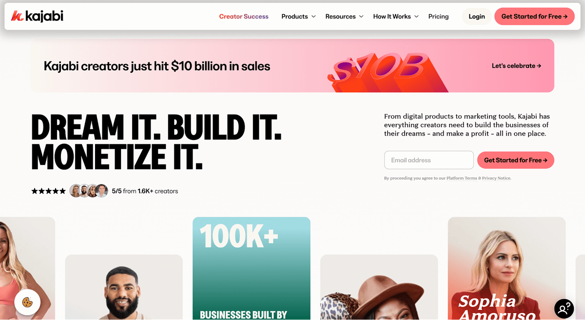 Screenshot della homepage di Kajabi