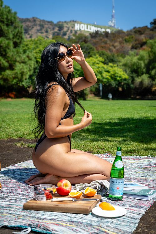 Candid outdoor bikini portrait of Pear at the Hollywood Sign — captured by David Andrade, Los Angeles