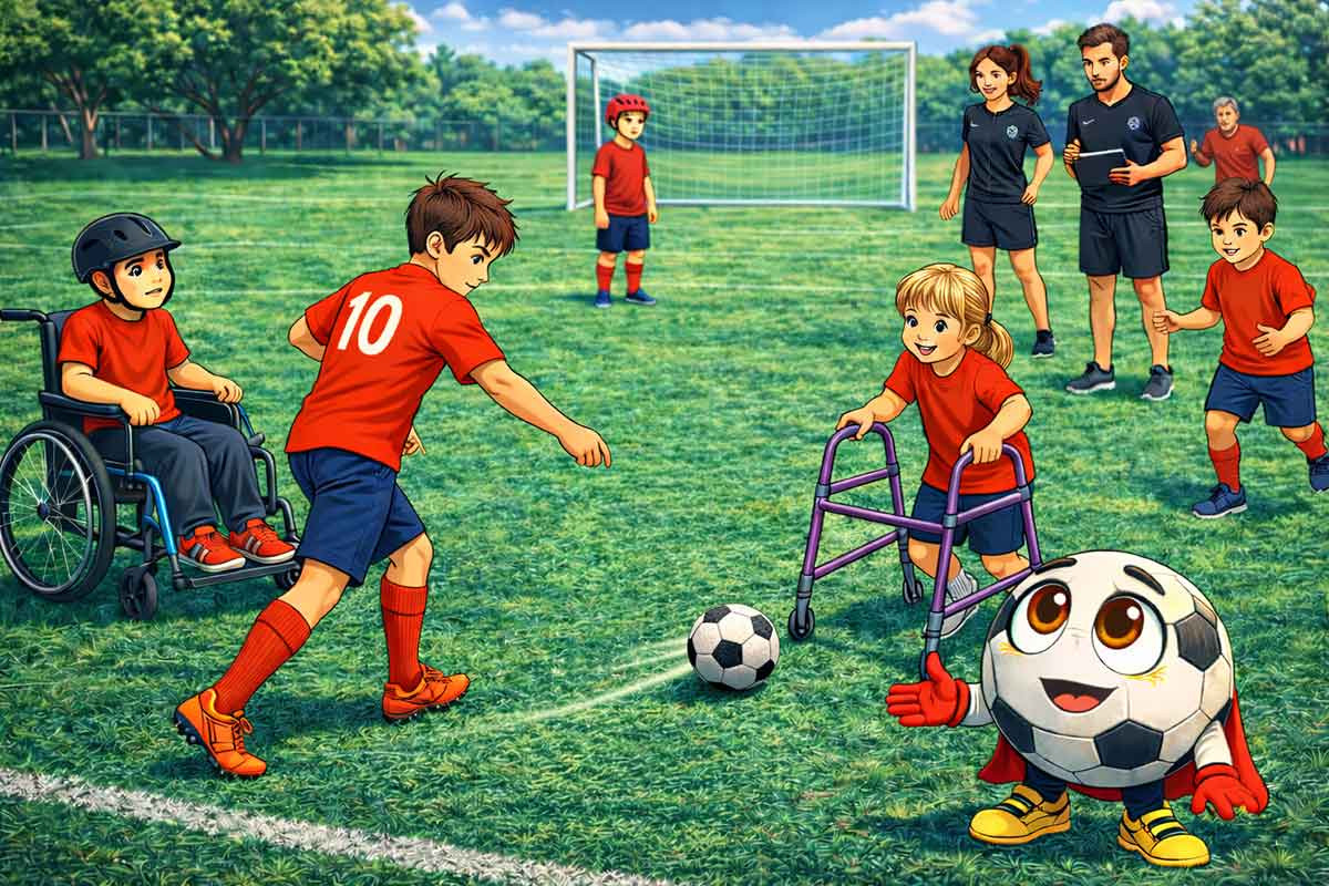 Eine inklusive Trainingssituation zeigt Kinder mit unterschiedlichen körperlichen Voraussetzungen beim gemeinsamen Fußballspiel, während Trainer im Hintergrund beobachten und steuern.