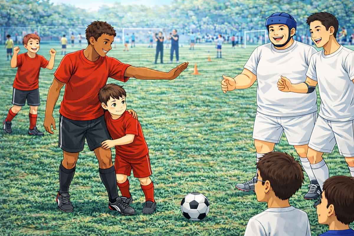 Jugendlicher im roten Trikot legt schützend den Arm um ein jüngeres Kind und stoppt das Spiel, während gegnerische Spieler warten und ein Ball auf dem Rasen liegt.