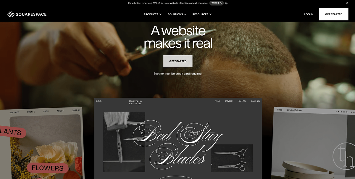 Squarespace homepage showing portfolio website builder with template gallery for creative small businesses
