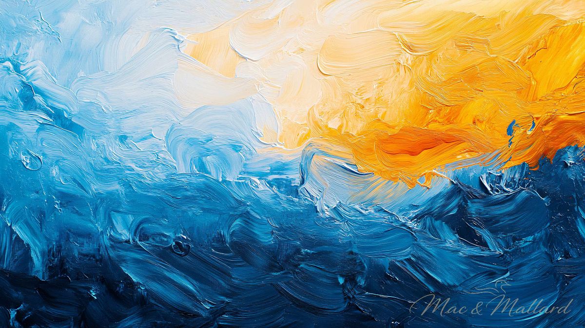 Painting of a blue ocean with a yellow sun in the background. Th
