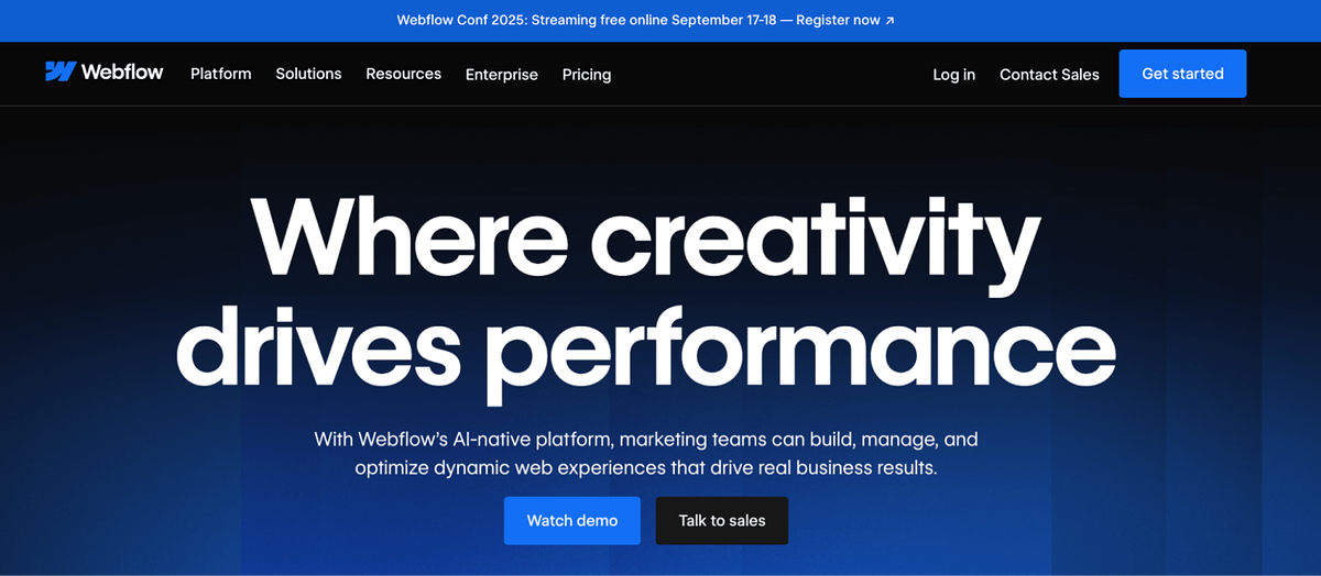 Schermafbeelding van de startpagina van Webflow