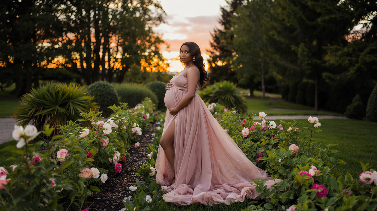 Pregnant woman posing in natural light with a flowing maternity gown.