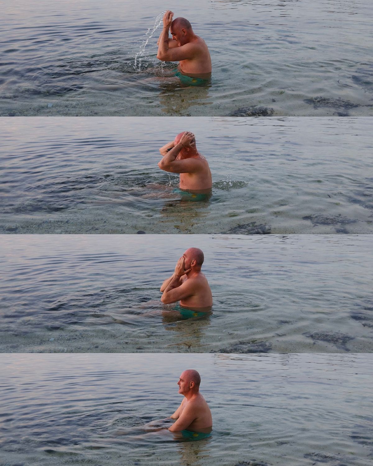 Collage of a bald man relaxing in the ocean in Bali, Indonesia