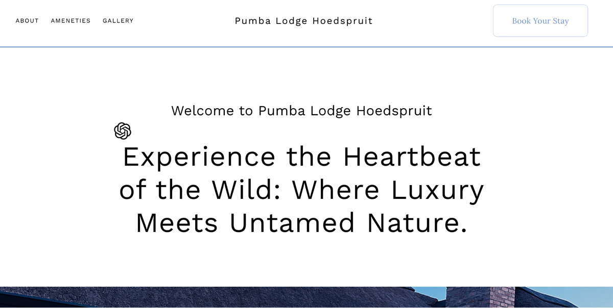 Immagine del sito web del Pumba Lodge Hoedspruit creata utilizzando Pixpa