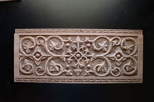 Portable Altar face carving in walnut with gothic scrolling vines and flowers
