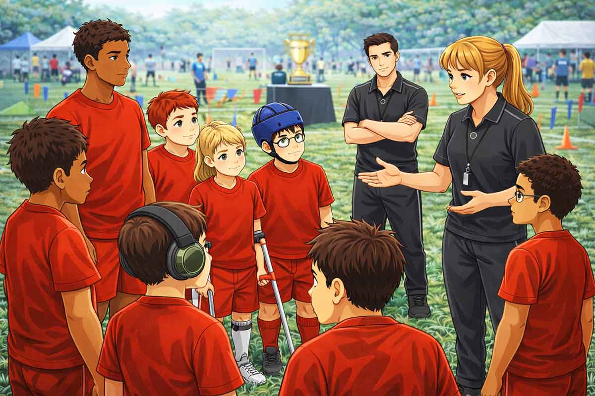 Trainerin spricht mit einer inklusiven Fußballgruppe im Kreis, Kinder mit unterschiedlichen Voraussetzungen hören aufmerksam zu, im Hintergrund ein Turnierfeld mit Pokal.