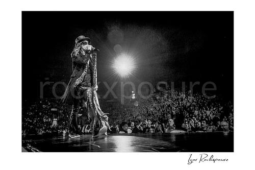 Horizontal black and white image of Steven Tyler of Aerosmith performing live on stage with a scarf-wrapped microphone stand, bright backlight, and a large arena crowd