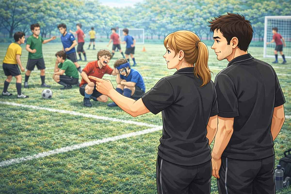 Zwei Trainer stehen am Spielfeldrand und beobachten eine angespannte Situation, in der ein Kind emotional reagiert und andere Spieler unsicher wirken.