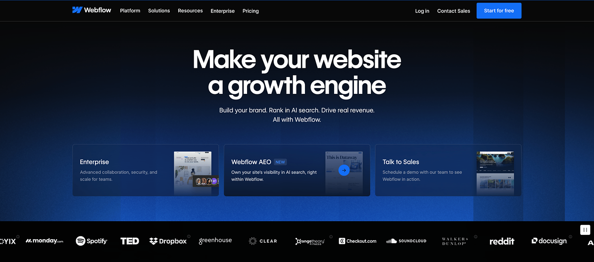 Webflow homepage showing visual website builder for designers wanting custom design control