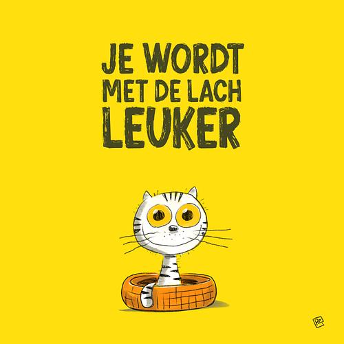 kinderboek illustratie van een lief katje in een mandje, met een spreuk