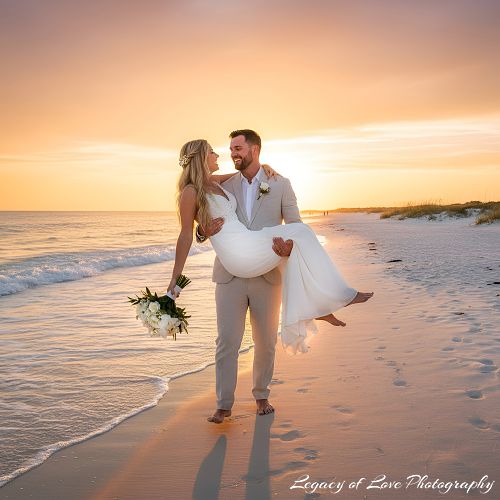 Groom carrying bride in his arms during an Amelia Island beach wedding by Legacy of Love Photography.