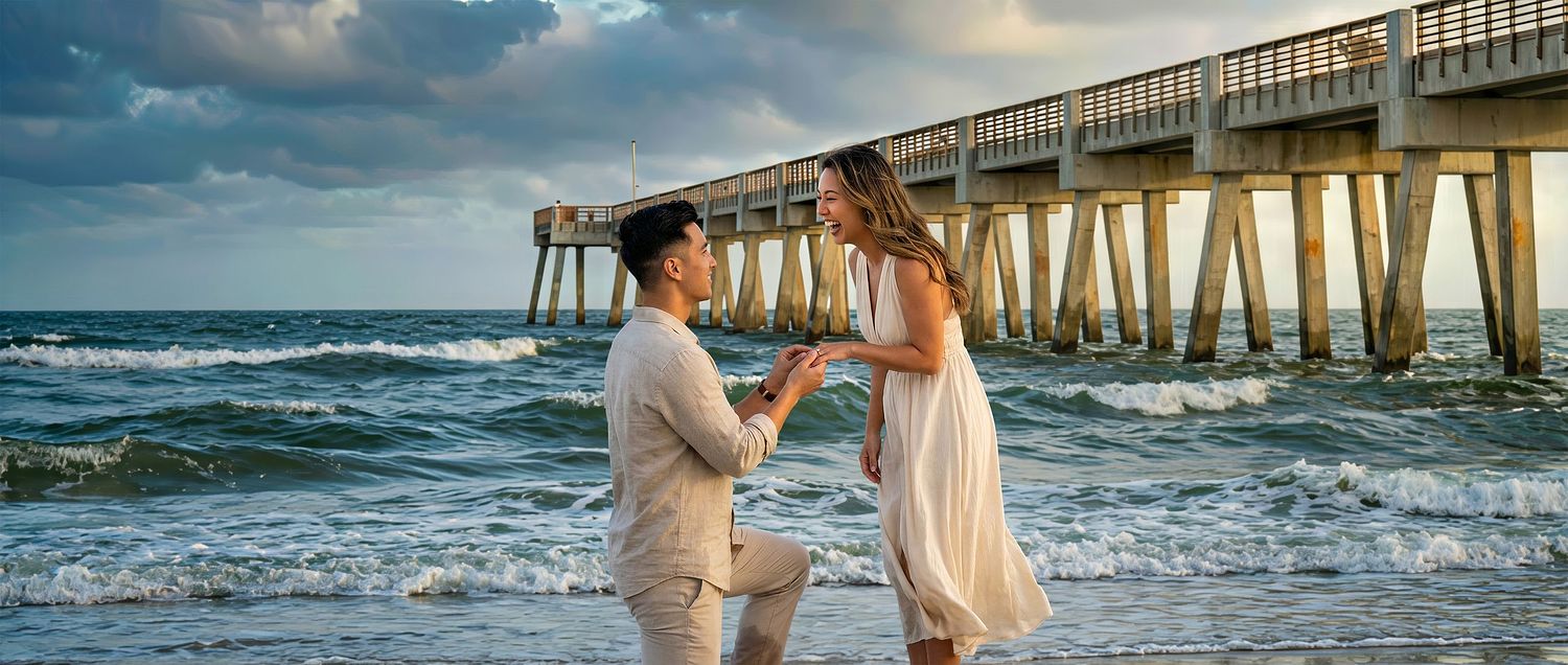 Jacksonville Beach Pier surprise marriage proposal captured by fine art wedding photographer Legacy of Love Photography.