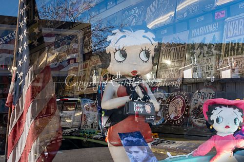 Historic route 66 storefront featuring Betty Boop, an Elvis photo and other vintage memorabilia
