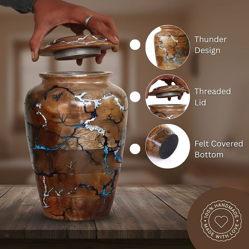 Thunder Strikes Design Wooden Urn for Ashes – Natural Handmade