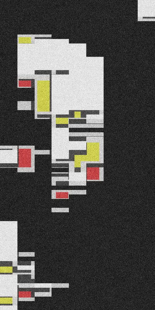 The image features a series of geometric shapes in a black background. Bright reds and yellows contrast sharply against the white rectangles.