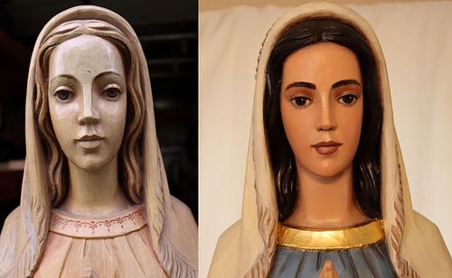 Before and after picture of St Bernadette statue's face