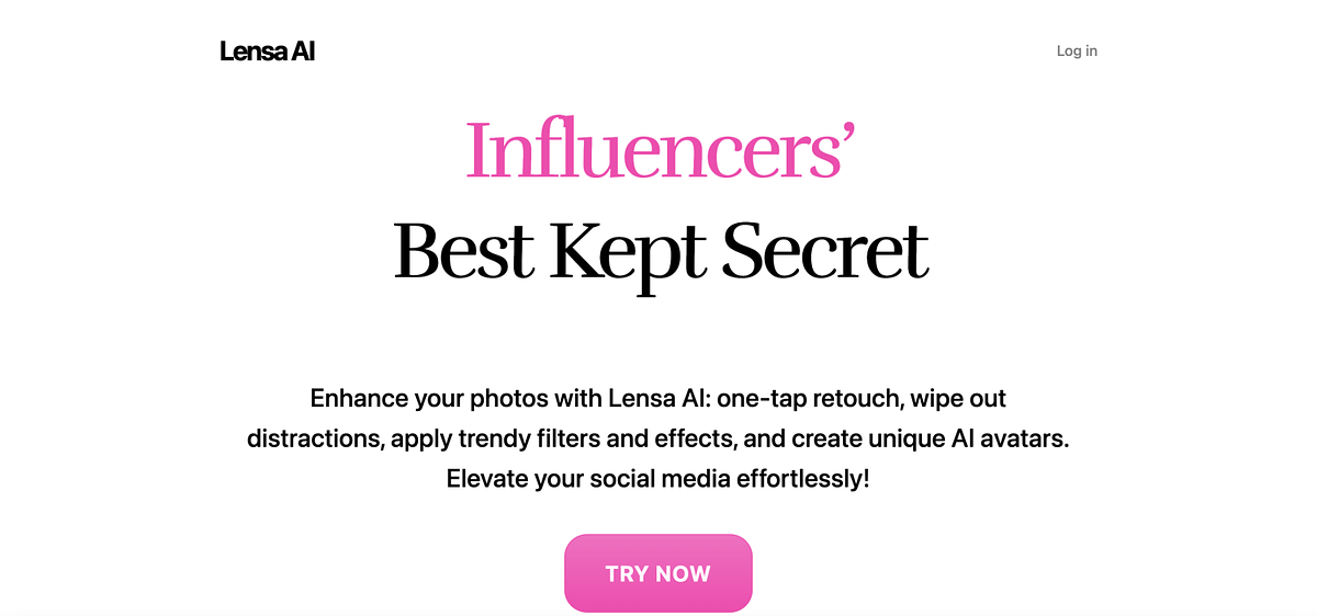 Zrzut ekranu strony głównej Lensa AI