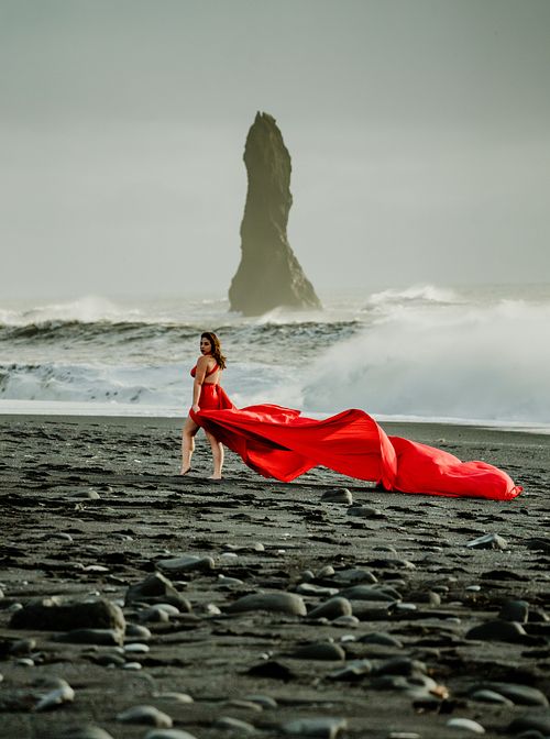 Reynisfjara solo portrait with flowing dress in Iceland