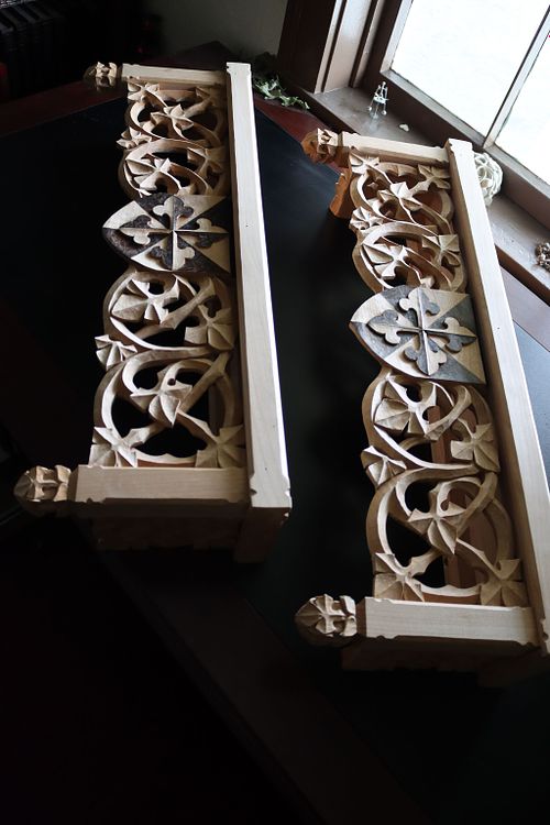 the Dominican reliquary shelves after assembly and before stain from a different angle