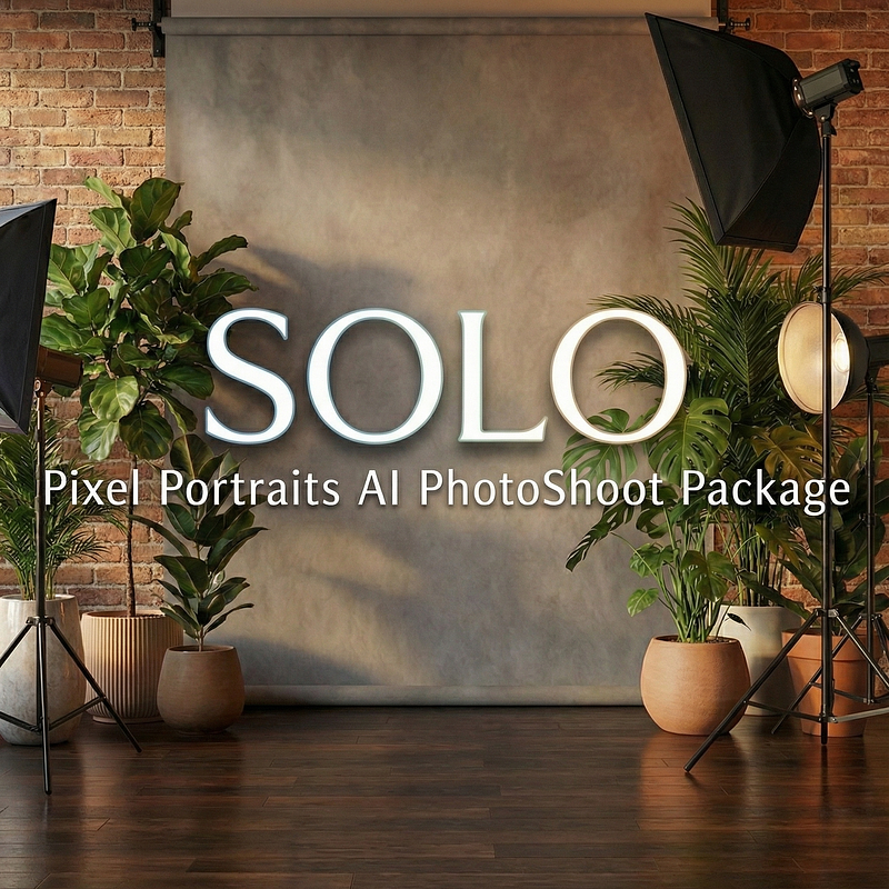 Solo AI portrait session, individual AI photography, studio-quality AI portraits, creative digital portraits, fantasy and lifestyle AI photography, Pixel Portraits
