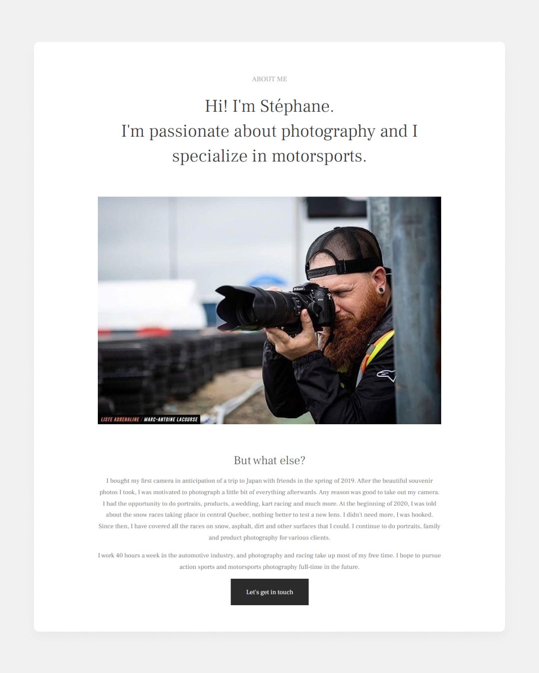 Section À propos de moi du portfolio de photographie sportive de SGagne