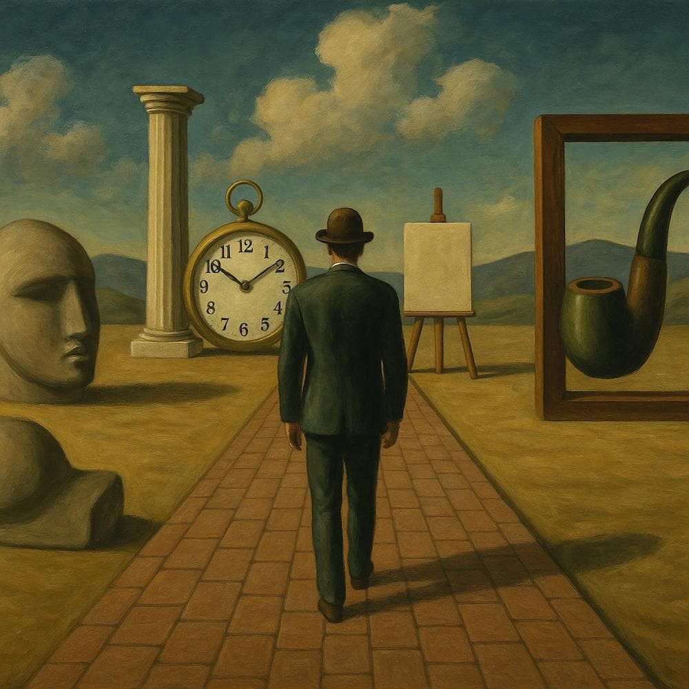 uomo di spalle in in mondo surreale - stile de chirico