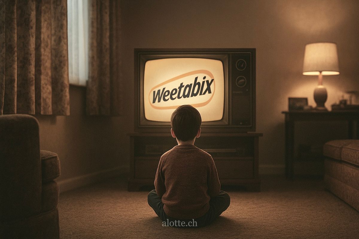 Image of a young Martin Potter watching an old TV with a Weetabix ad playing