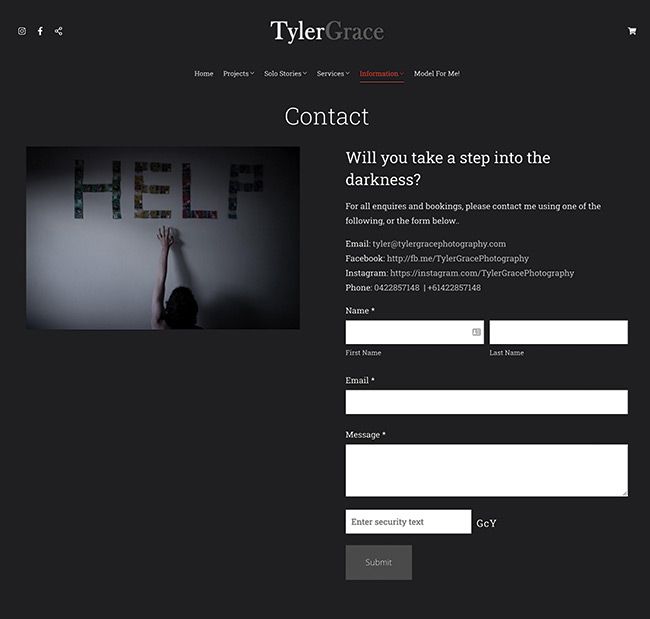 Fine Art Photographer Tyler Grace Contact Page