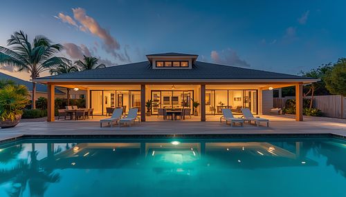 Professional twilight real estate photography of a luxury modern single-story home featuring a large pool, warm interior lighting, and an expansive covered patio by PrimePropertyPhoto in Gainesville, FL.
