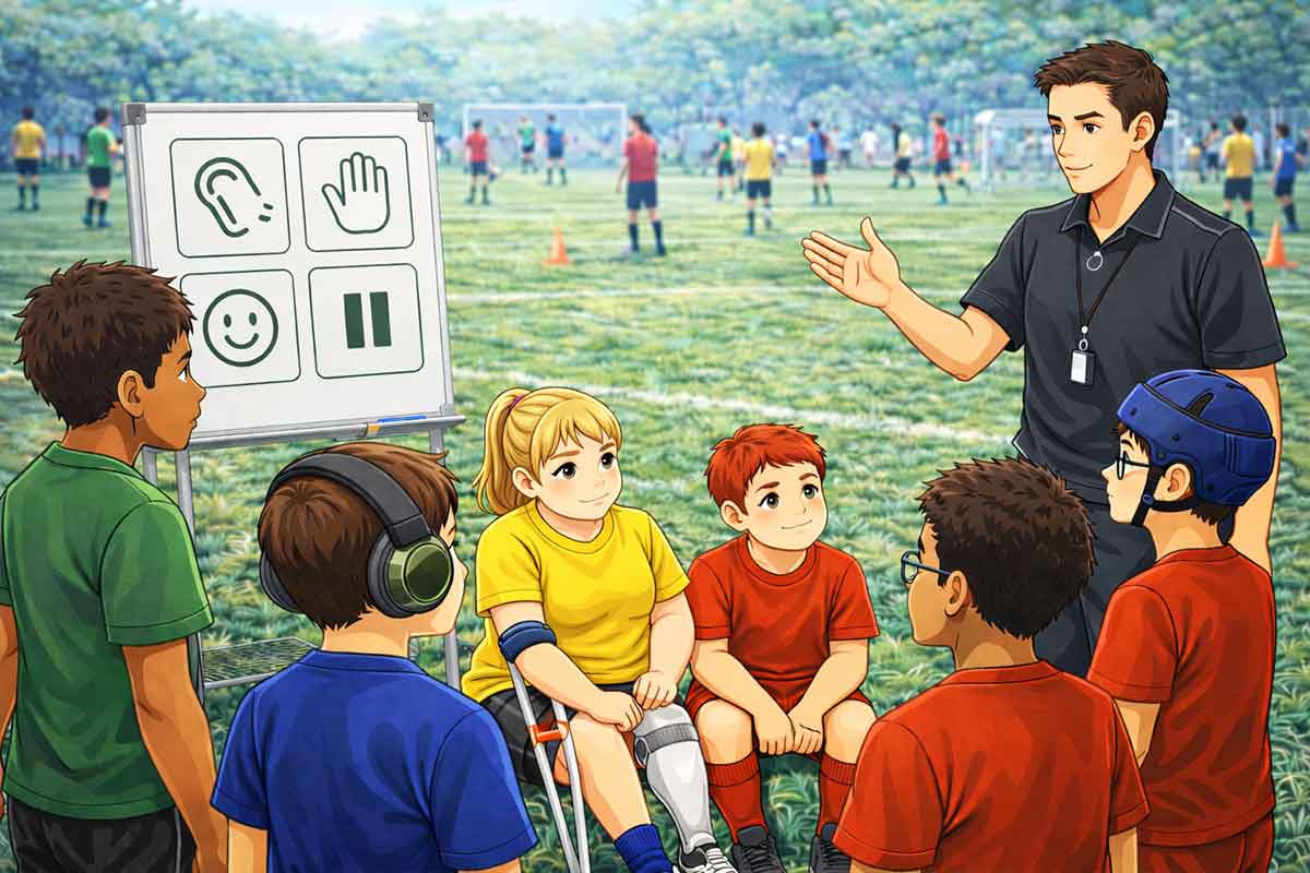 Trainer erklärt einer inklusiven Kindergruppe klare Regeln anhand von Symbolen wie Ohr, Handzeichen und Pause, während die Kinder aufmerksam zuhören.