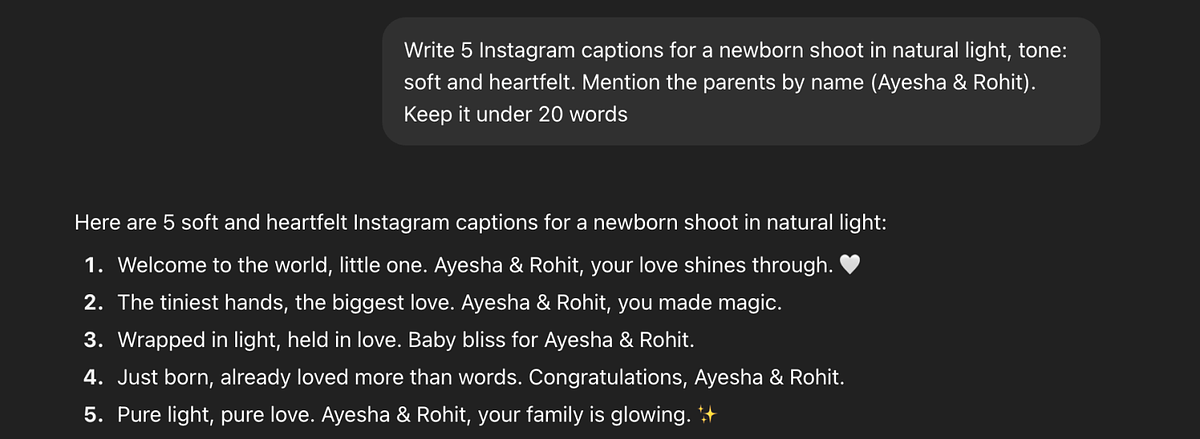 Prompt de legenda do IG