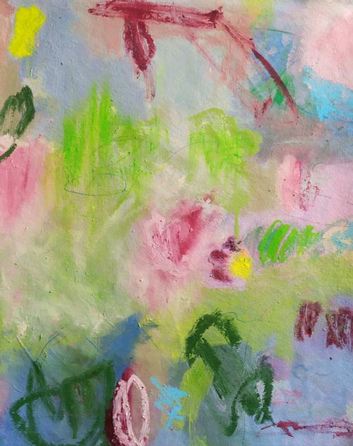 peinture abstraite verdoyante, paysage abstrait, paysage abstrait contemporain, moyen format, 38x46 cm, vert, rose, v&eacute;g&eacute;tal abstrait, art abstrait contemporain, expressionnisme abstrait, acrylique, crayon, oil sticks, techniques mixtes sur toile, collection Paysages Abstraits, tableau original