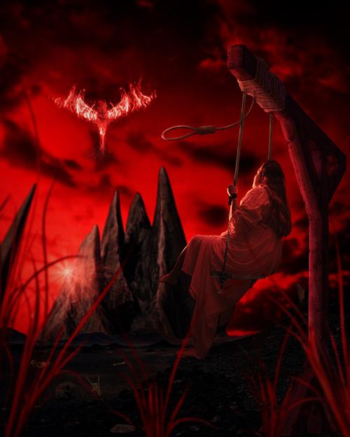 A red scene of a woman swinging on a swing that hangs from a gallows pole looking out a desolate landscape where a phoenix rises.
