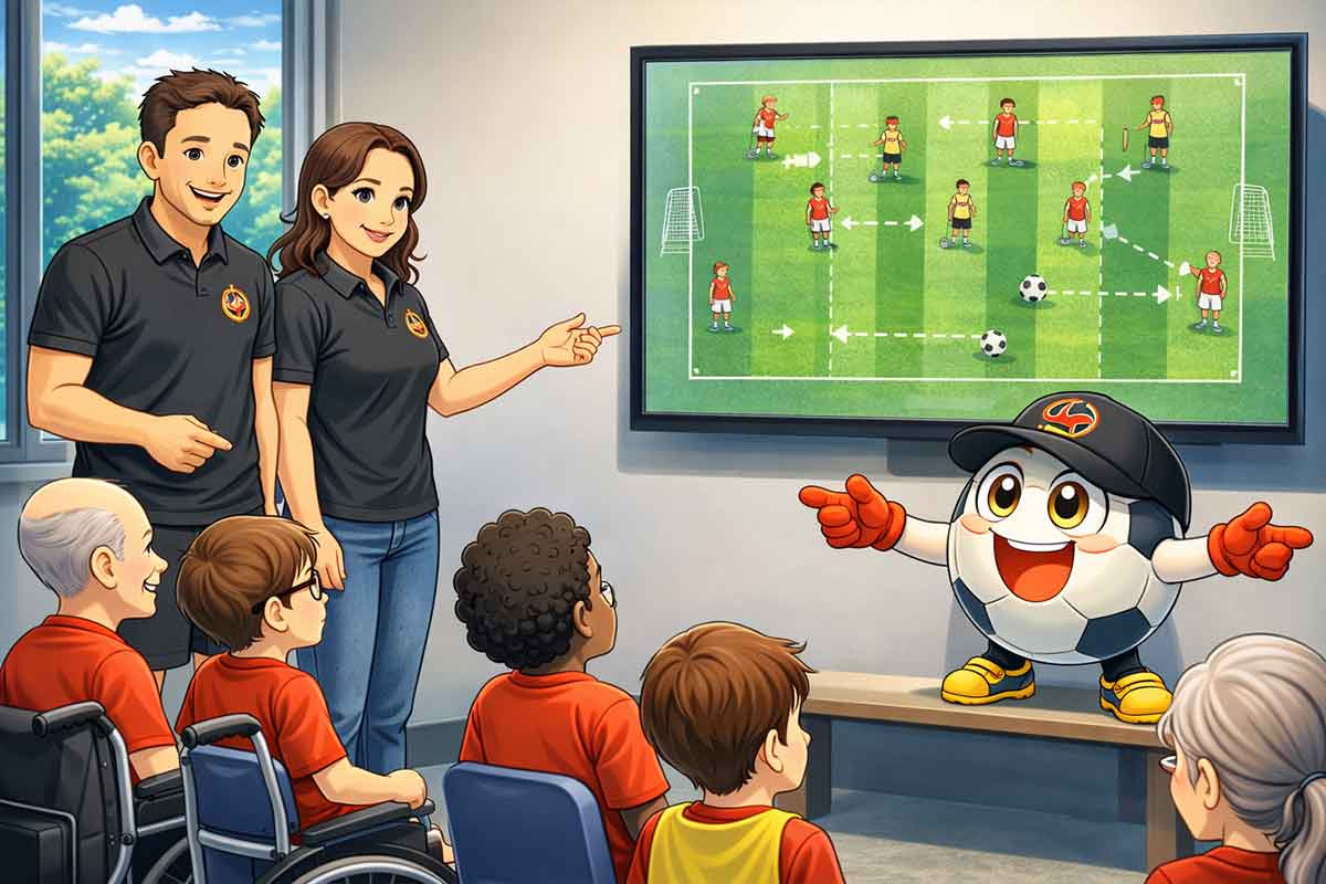 Zwei Trainer erklären einer gemischten Gruppe von Spieler:innen eine Übung anhand einer visuellen Darstellung auf einem Bildschirm – strukturierte Planung als Grundlage für inklusives Training.