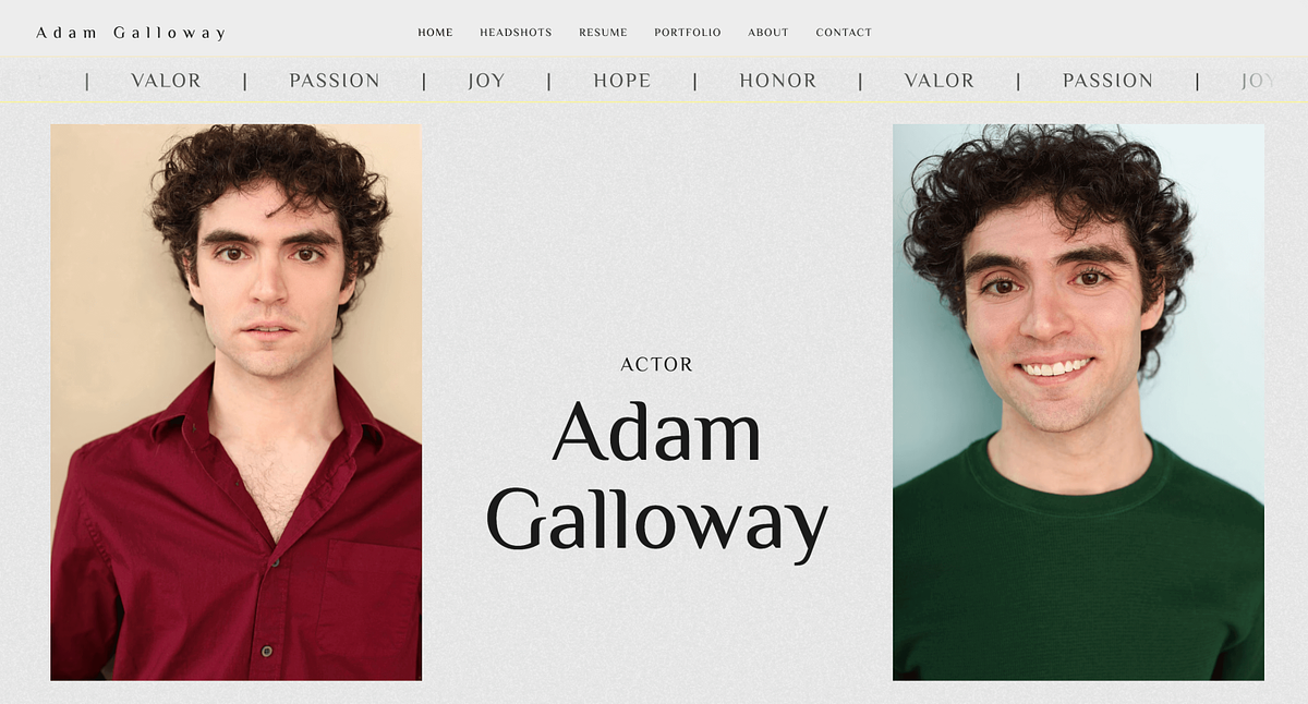 Site com o portfólio de atuação de Adam Galloway