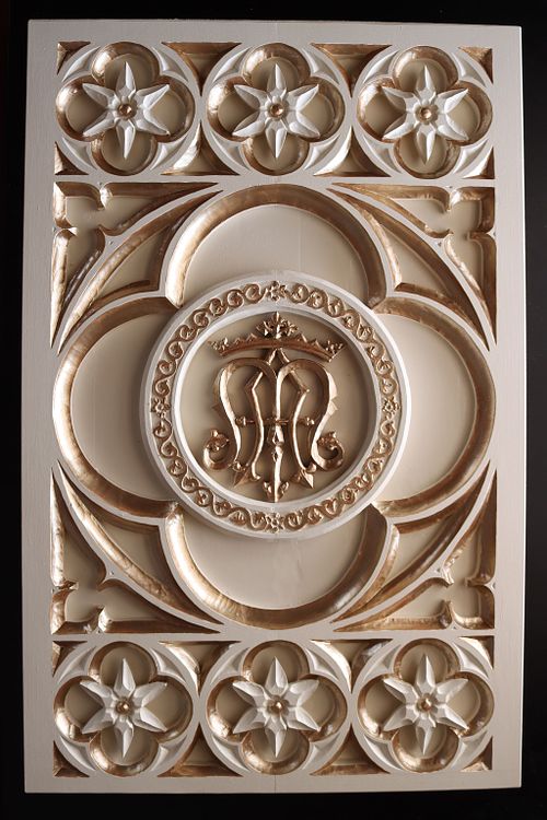 wood carved panel for a gothic revival votive shrine carved and painted by hand for a statue of the Blessed Virgin Mary for a Catholic Church