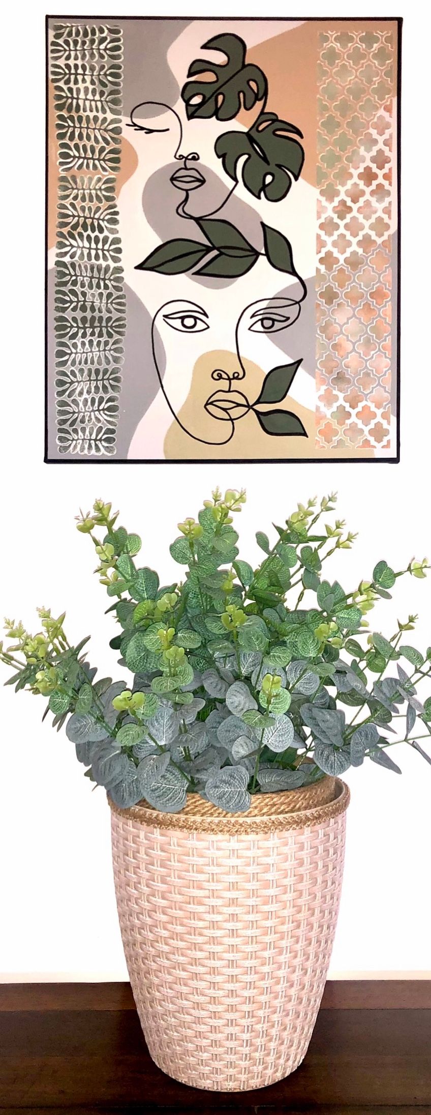 Potted plant with greenery and modern artwork featuring a face design, perfect for home decor