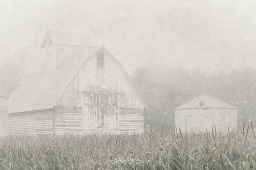 "Morning's Repose I" is a textured fine art image of a foggy rural Illinois scene of a corn crib and grain bin sitting behind a corn field. © Gregory C. Sundra