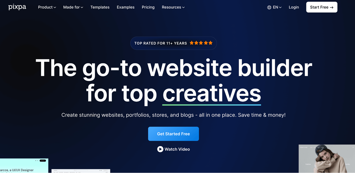 Schermafbeelding van Pixpa's homepage