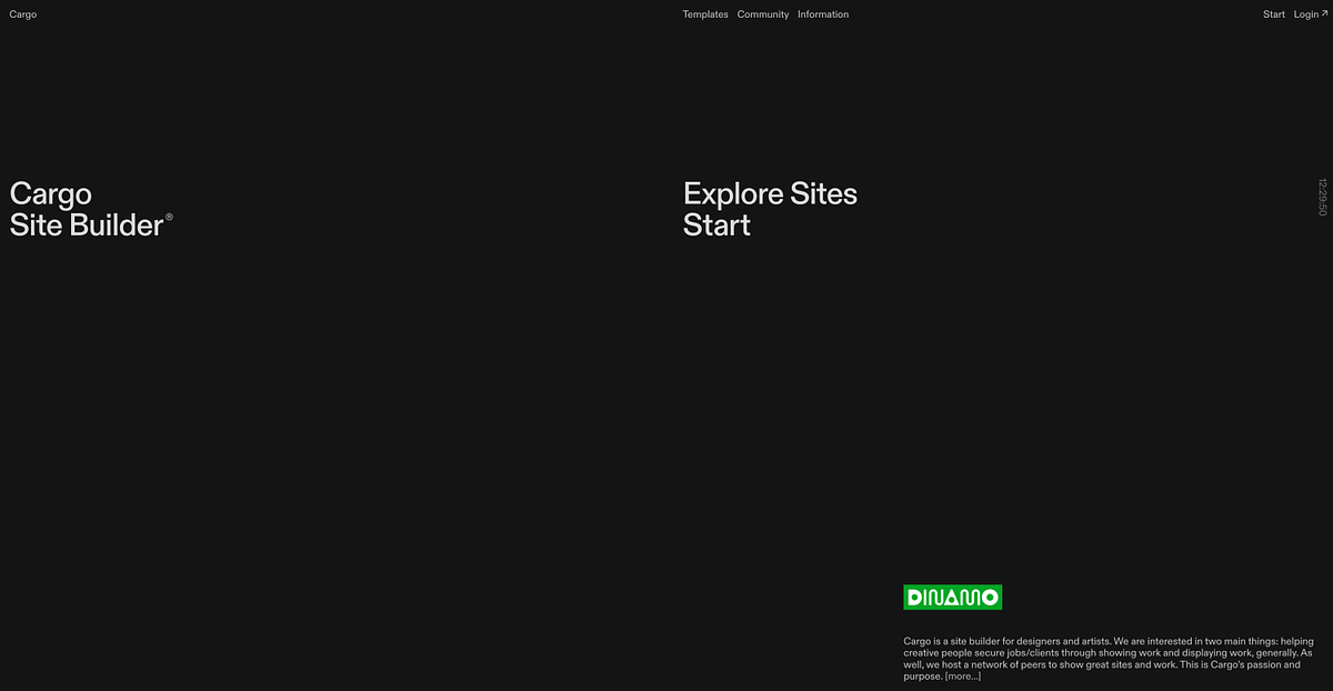 Cargo homepage showing editorial portfolio website builder with non-template layouts for designers